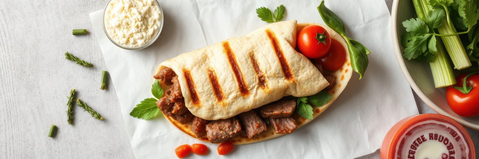 Savory grilled meat wrap served with fresh vegetables and dipping sauce on a light background